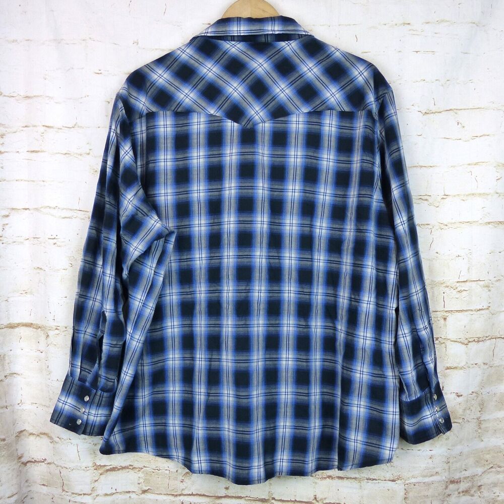 Wrangler Western Shirt Men 2XL Blue Plaid Sawtooth Pocket Pearl Snap Long Sleeve - Picture 3 of 12